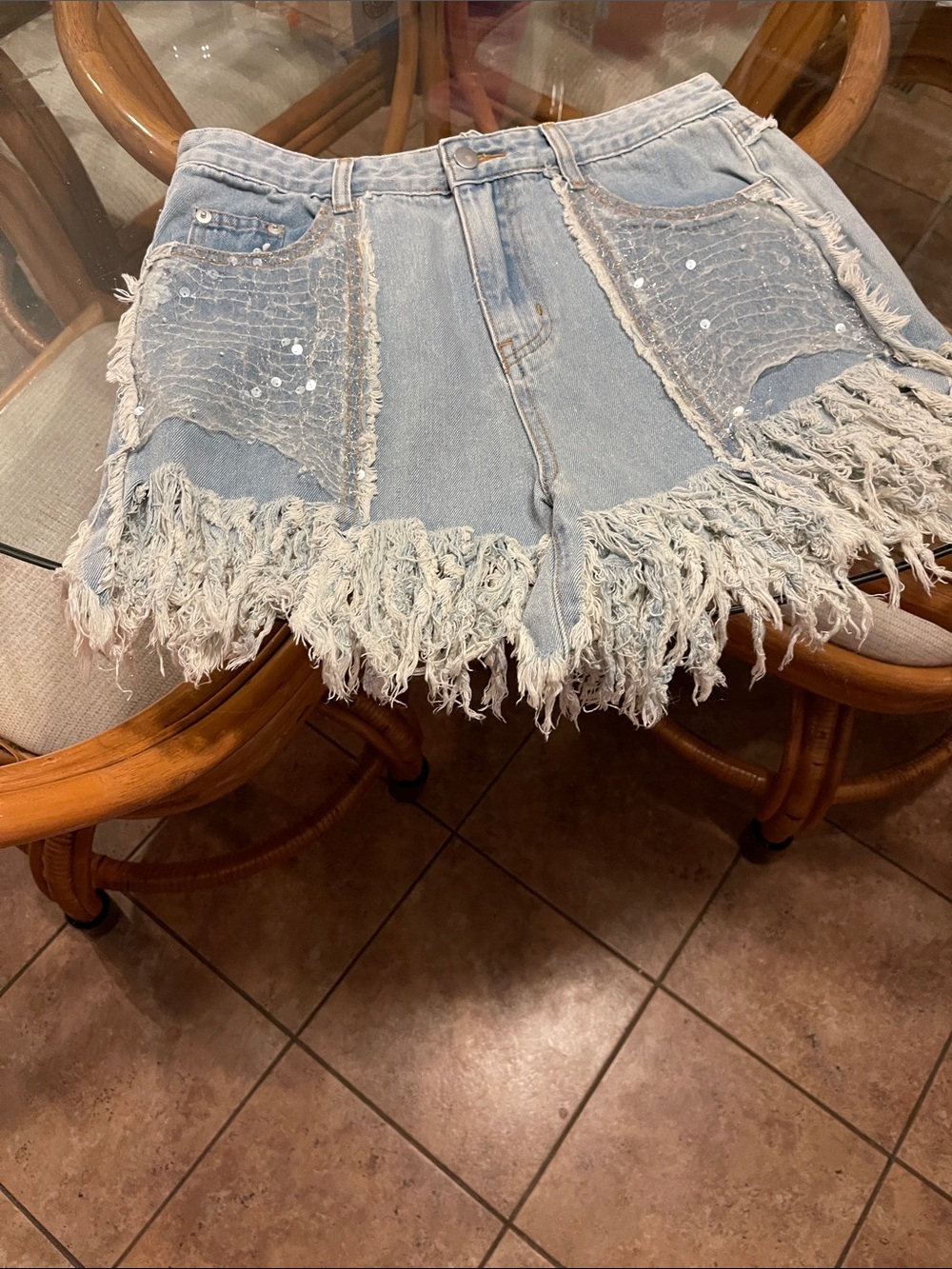 POL Light Blue Fringed Denim Shorts with Sequin Panels
